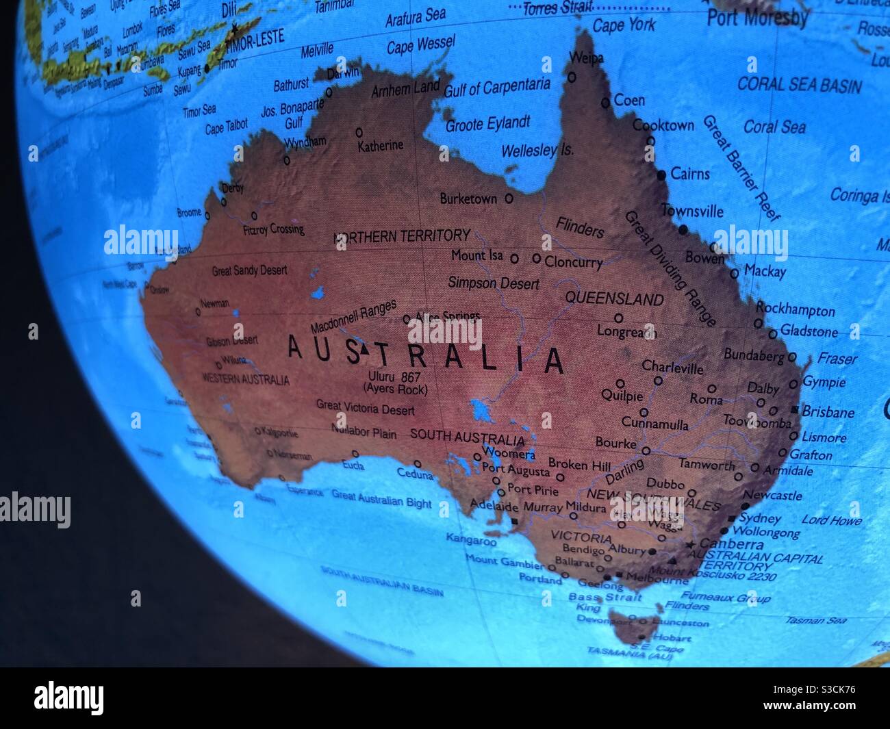 Karte von Australien auf einer Welt Stockfoto
