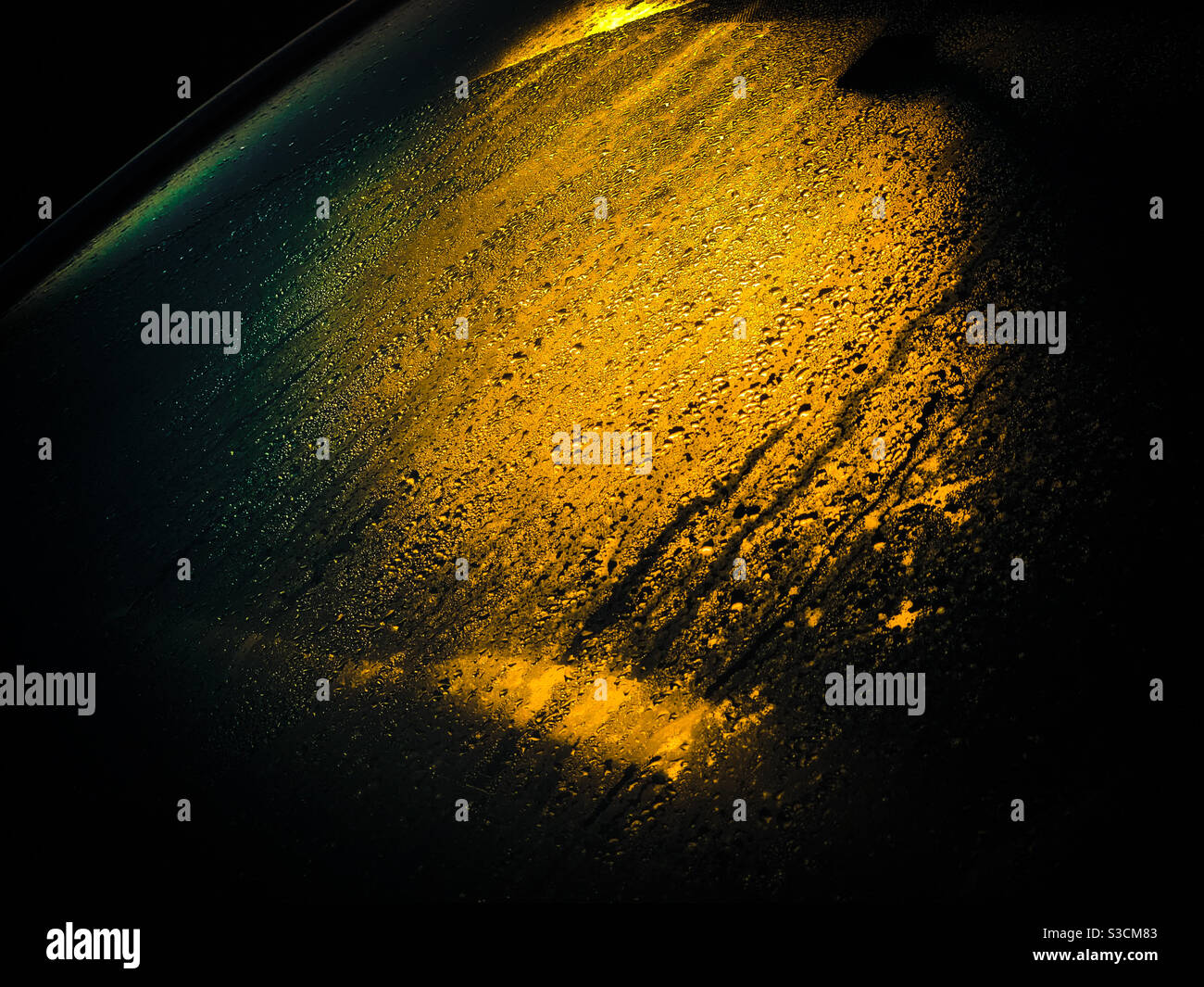 Der Morgen taut in goldener Farbe auf der Windschutzscheibe des Autos Stockfoto