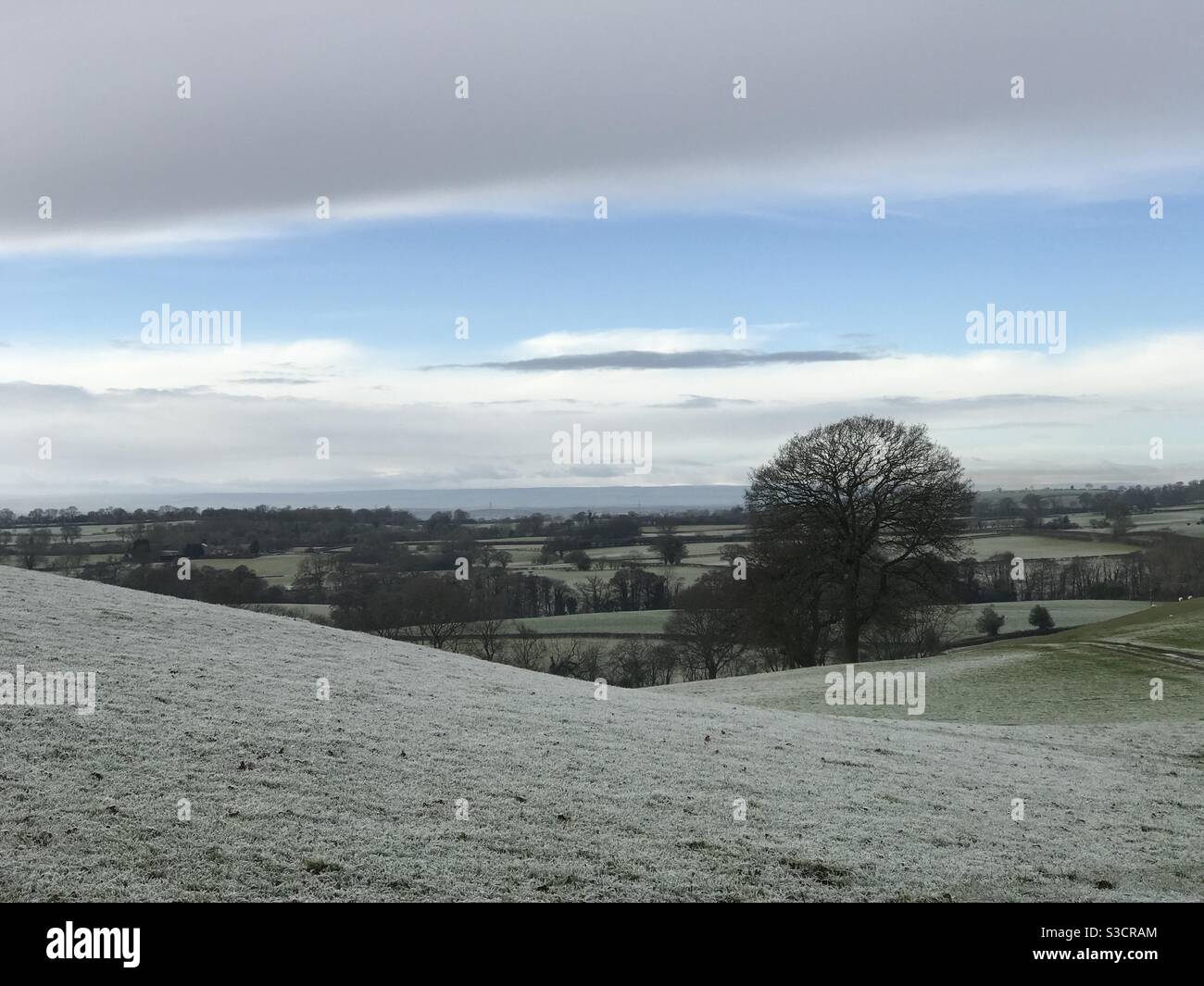 UK Wetter: Yearsley, North Yorkshire, England, UK. 23. Januar 2021 - Landschaftsansicht über Felder nach Frost über Nacht. - Smartphone-aufgenommenes Stockfoto