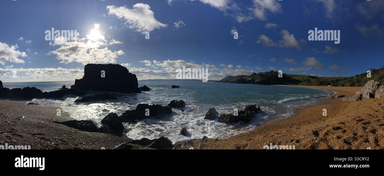 Blick über Start Bay vom Blackpool Sands Panoramic - Smartphone-aufgenommenes Stockfoto