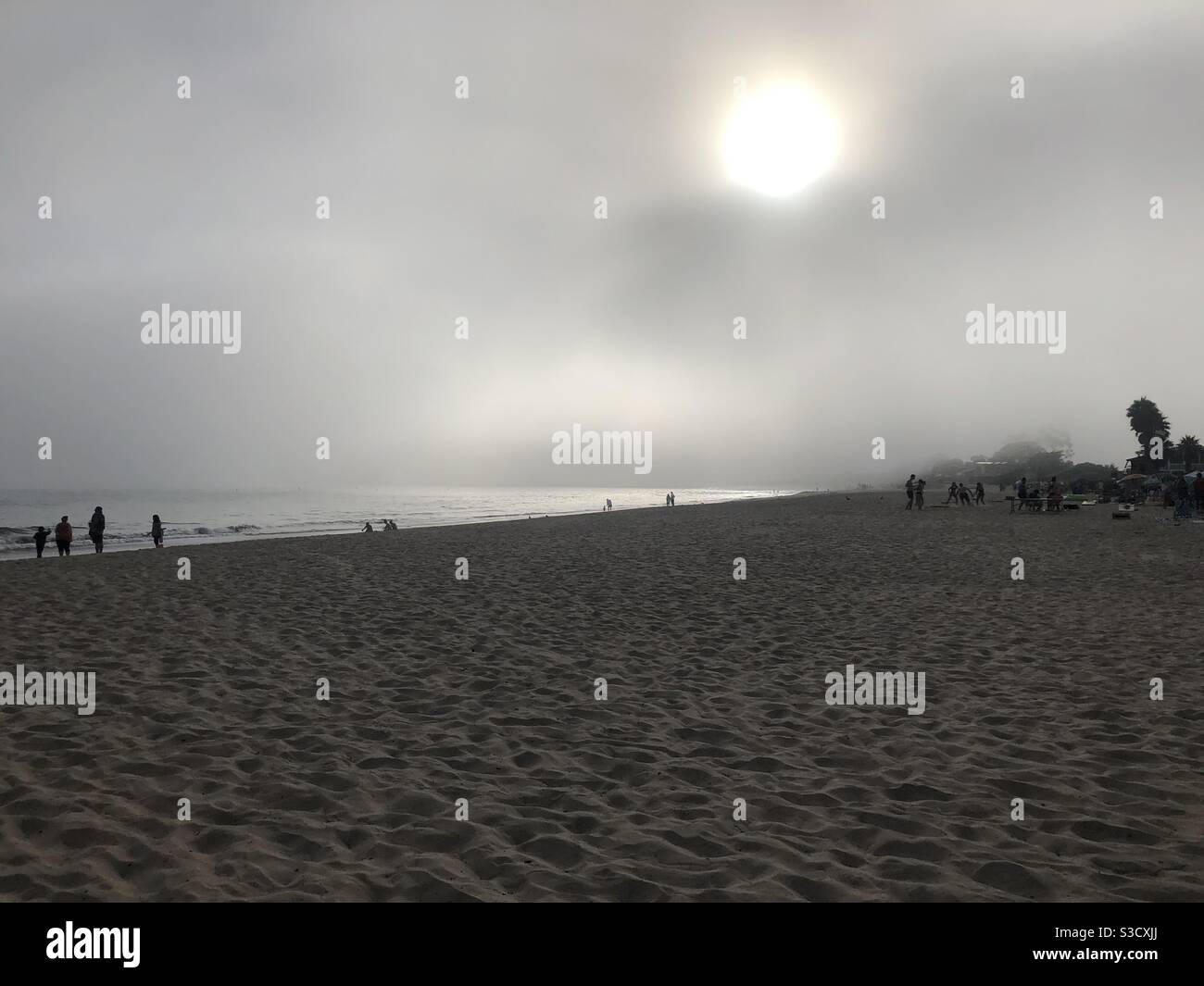 Wenn der Nebel am Strand entlang rollt, der die Sonne umgibt, verändert er die Stimmung und das Ambiente eines ruhigen Strandnachmittages in Carpinteria, Kalifornien, USA, - Smartphone-aufgenommenes Stockfoto