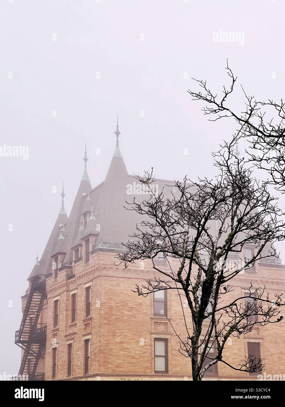 Stadium High School in Tacoma , WA, im Nebel. Die Schule war der Drehort für viele der Szenen des Films 10 Things I Hate About You von 1999. Stockfoto