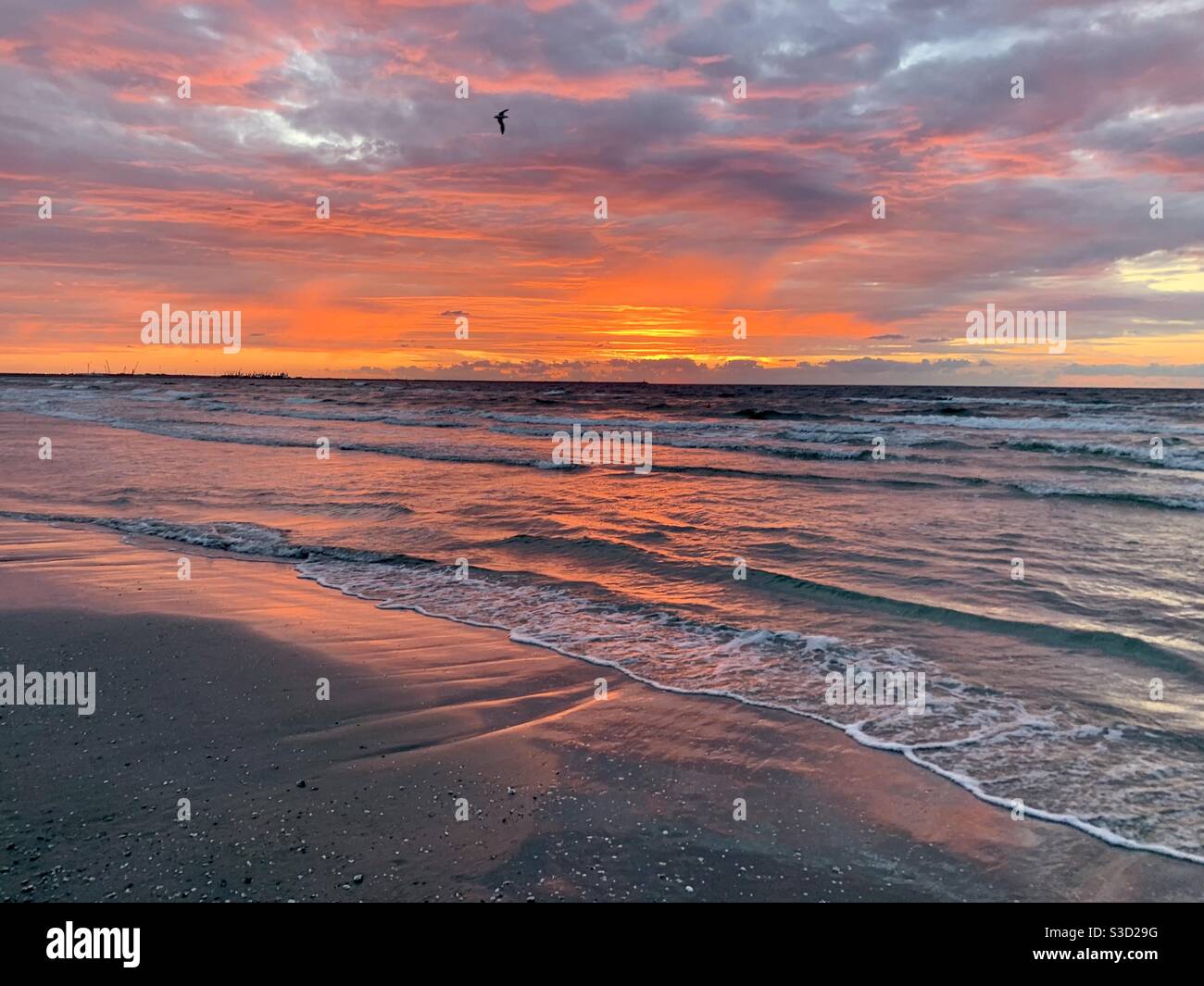 Orangefarbener Sonnenaufgang am Schwarzen Meer, Rumänien Stockfoto