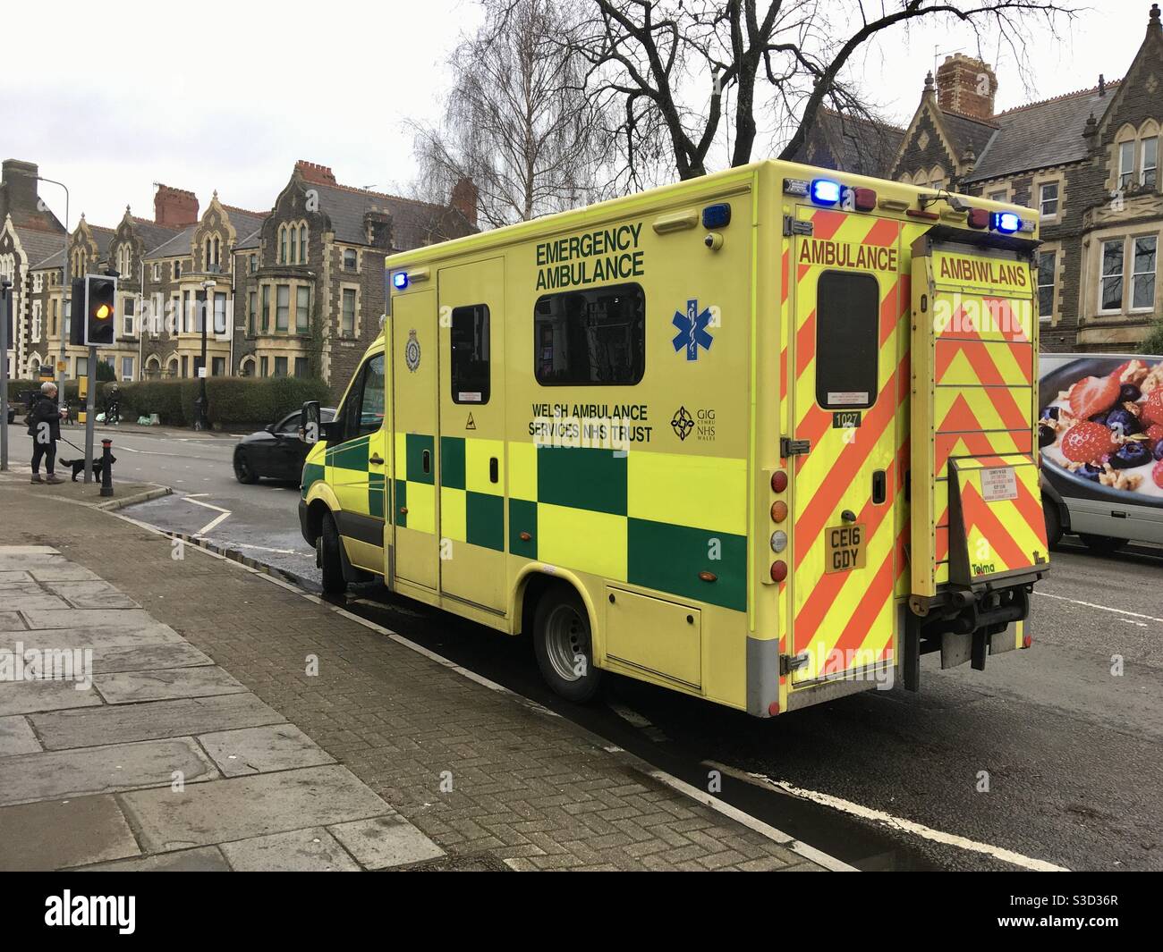 Ein Krankenwagen reagiert auf einen Vorfall an einer Adresse in Pontcanna, Cardiff. Stockfoto