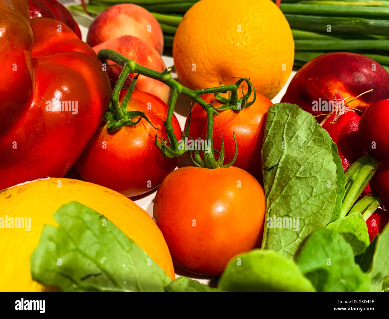 Buntes Essen, frisches Obst und Gemüse, gesundes Leben Stockfoto