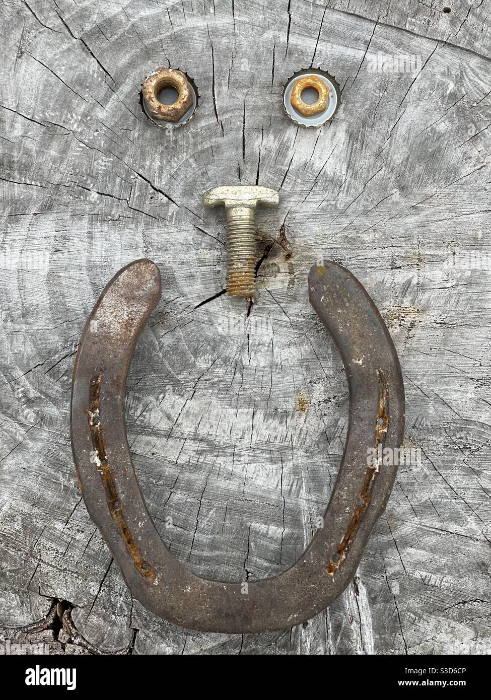 Einfache Kreativität Gesicht mit einem Hufeisen, eine Schraube snd zwei Schrauben über einem Baumstumpf - Smartphone-aufgenommenes Stockfoto