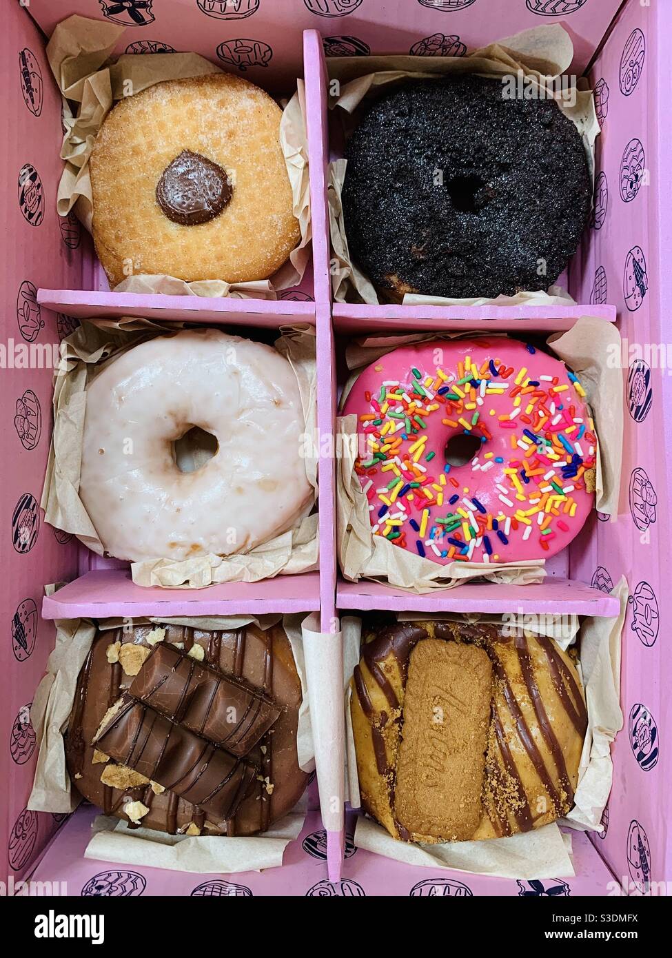 Schachtel mit Donuts Stockfoto