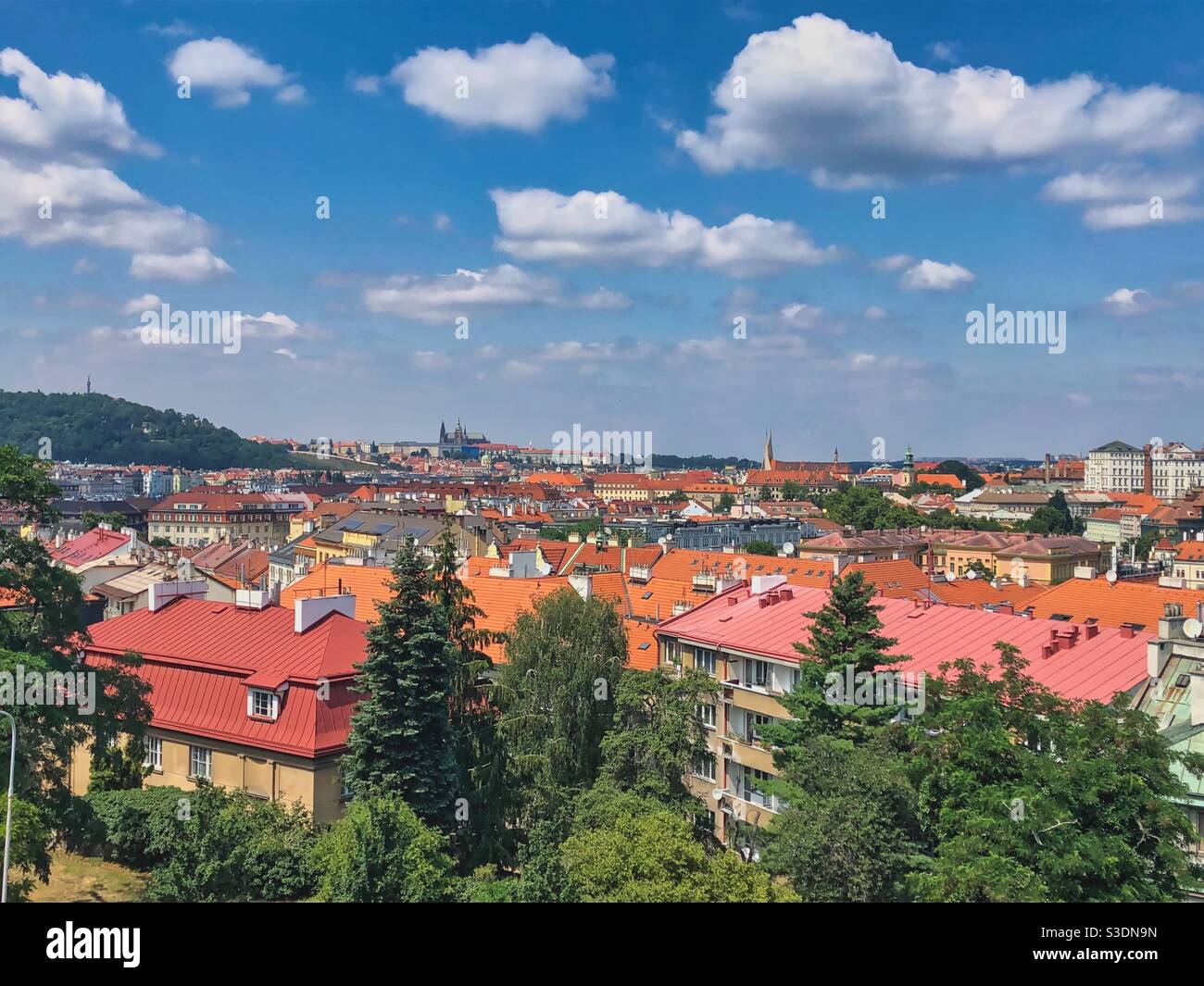 Blick von der Vysehrad Schlossgegend auf alte Prager Gebäude mit roten Dächern und die Prager Burg im Hintergrund. Stockfoto