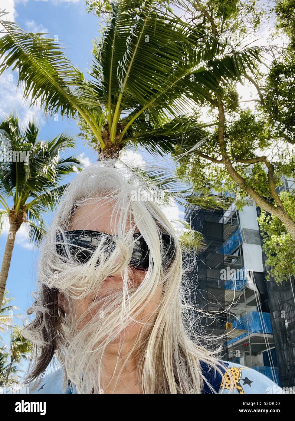 Eine blonde Frau in Sonnenbrillen genießt die Brise, während der Wind ihr Haar in ihr Gesicht vor leuchtend grünen Palmen und klaren blauen Himmel in Miami, Florida, USA wirft - Smartphone-aufgenommenes Stockfoto