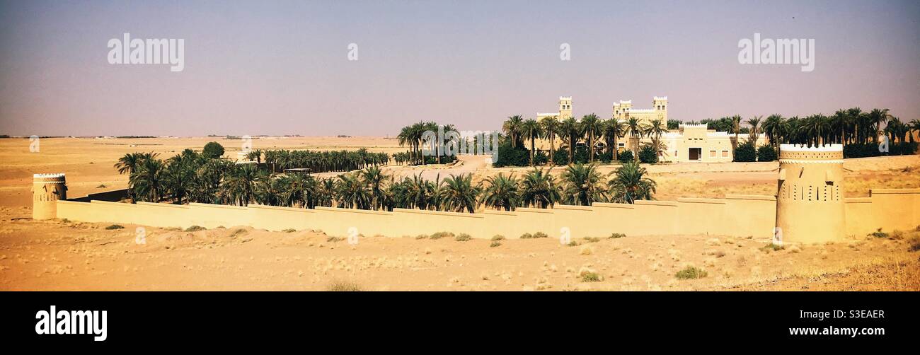 Historisches Gebäude und Palmen in der saudischen Wüste Stockfoto