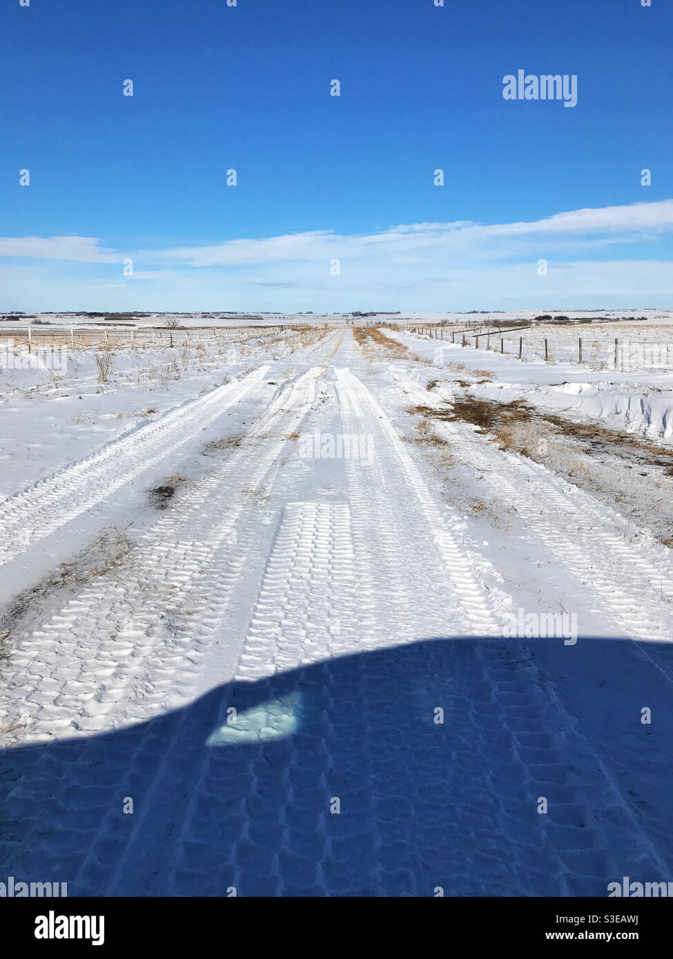 Der Schatten eines Fahrzeugs, das eine Kehrtwende macht, nachdem es auf einer unbefestigten Straße in der Prärie tiefen Schnee erreicht hat. In Der Nähe Von Calgary, Alberta, Kanada. Stockfoto
