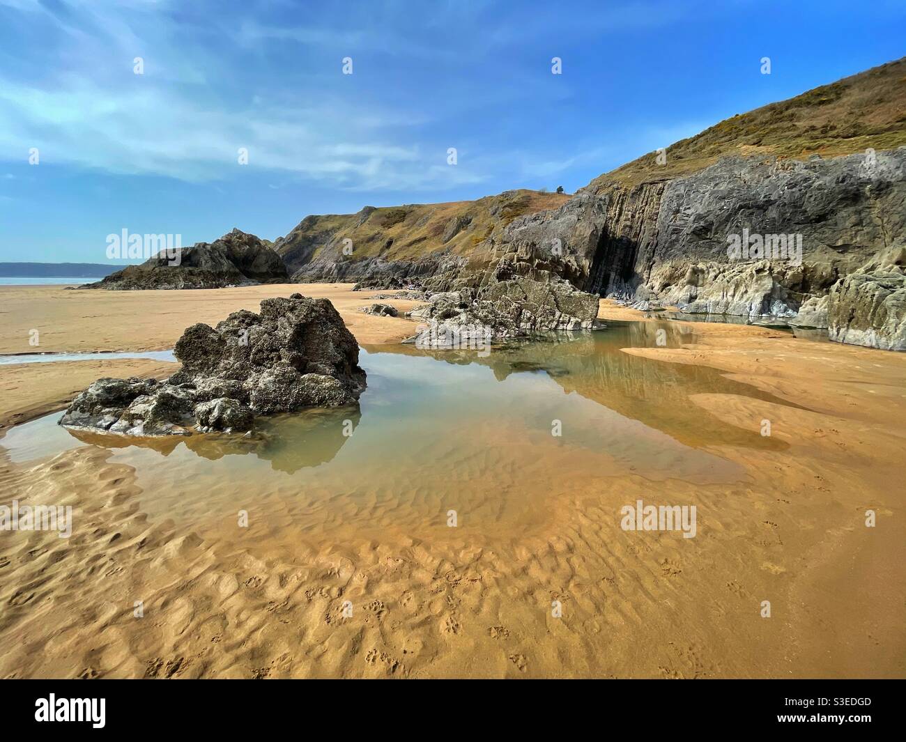 Three Cliffs Bay, Gower, Swansea, Südwesten von Wales, März. Stockfoto
