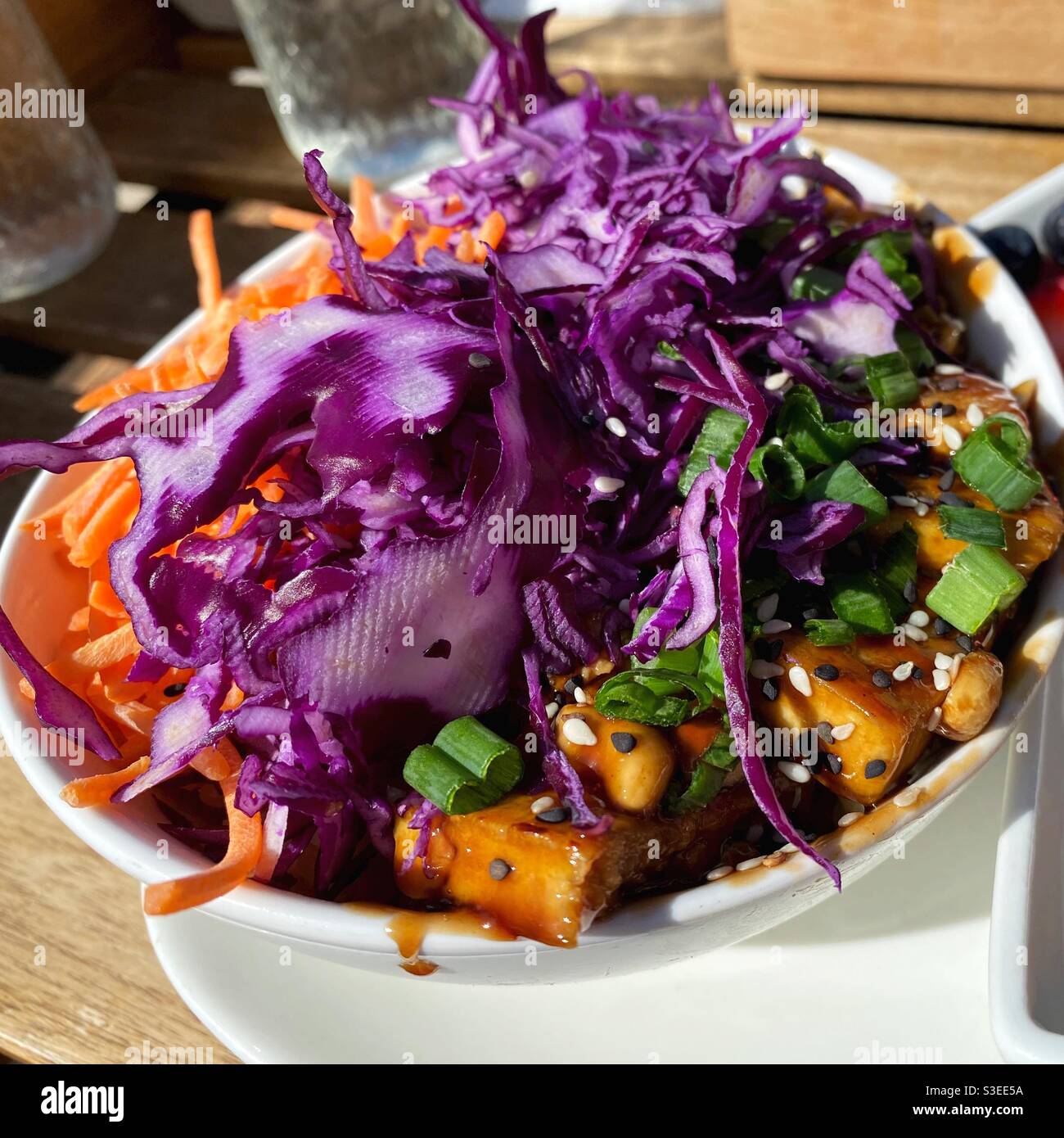 Vegane Teriyaki Schale mit Tempeh und Gemüse. Stockfoto