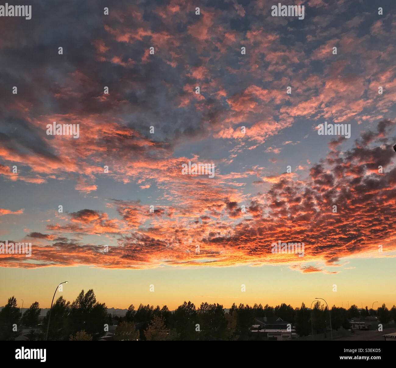 Wunderschöne feurige Wolken bei Sonnenuntergang. Calgary, Alberta, Kanada. Stockfoto