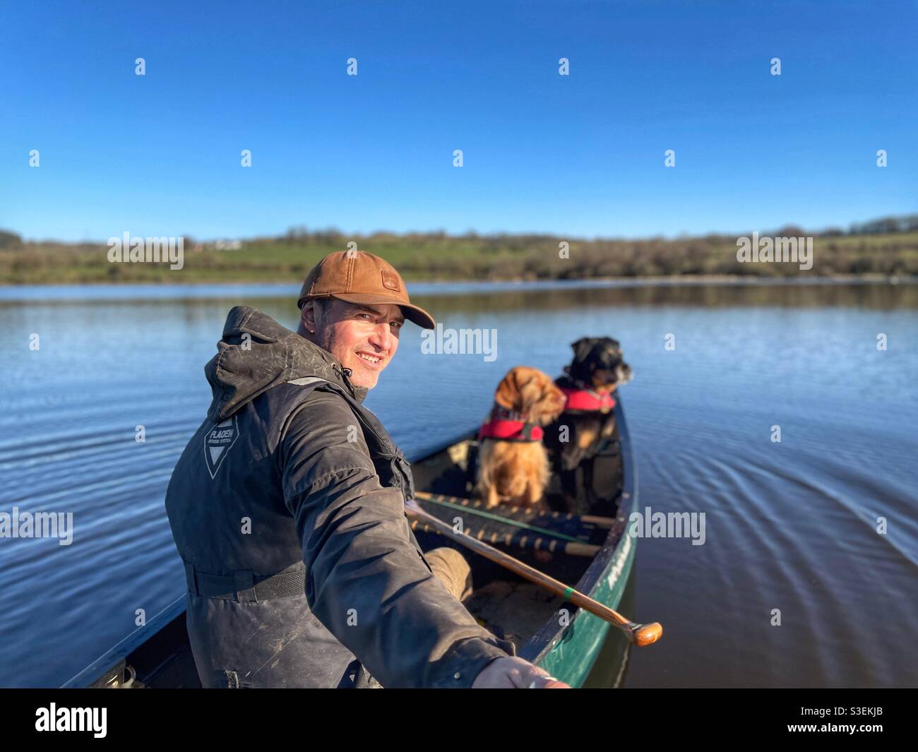 Mann Kanu mit Hunden. Stockfoto