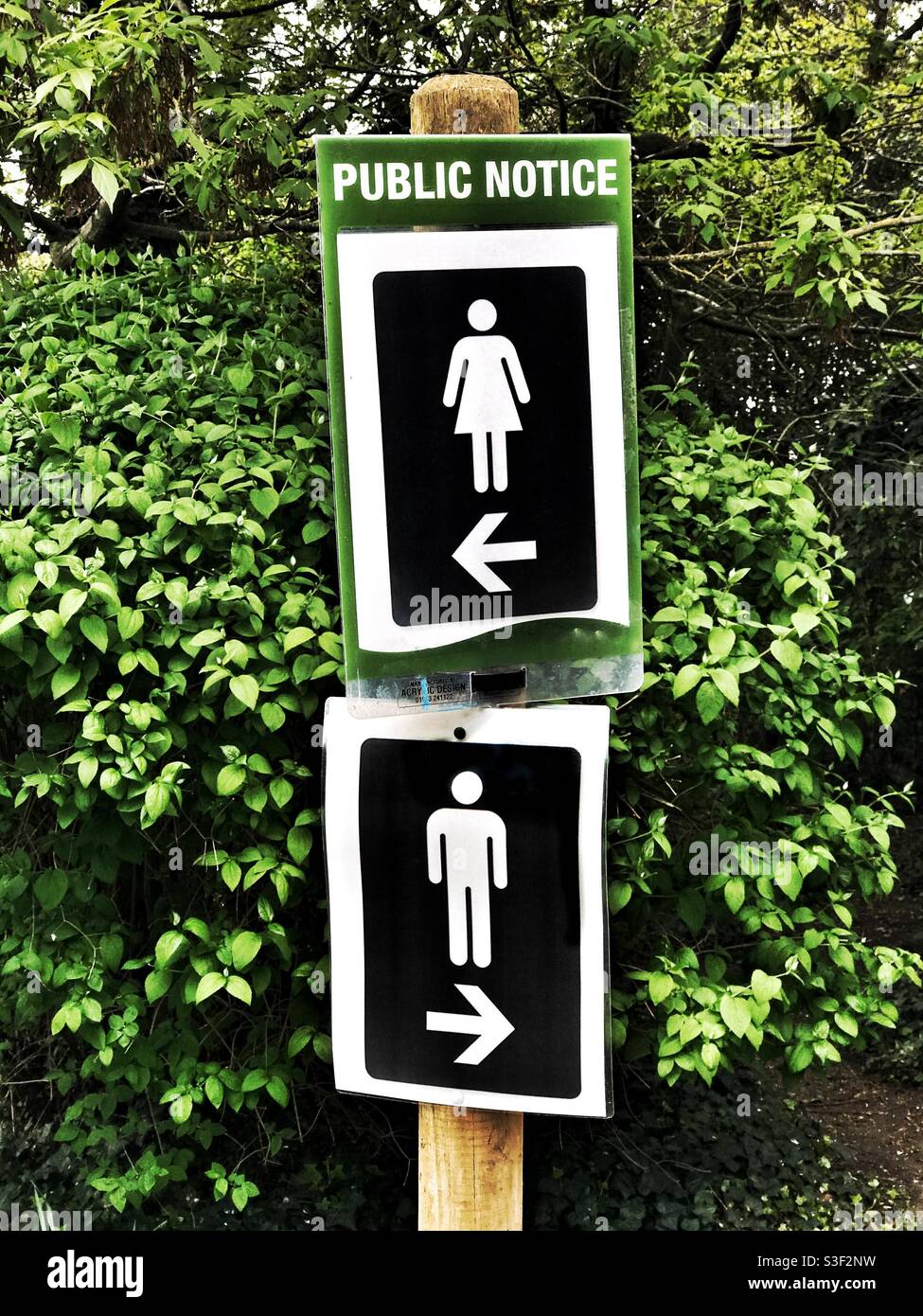 Separate Buchsen. Wegbeschreibung für öffentliche Toiletten im Park. Stockfoto