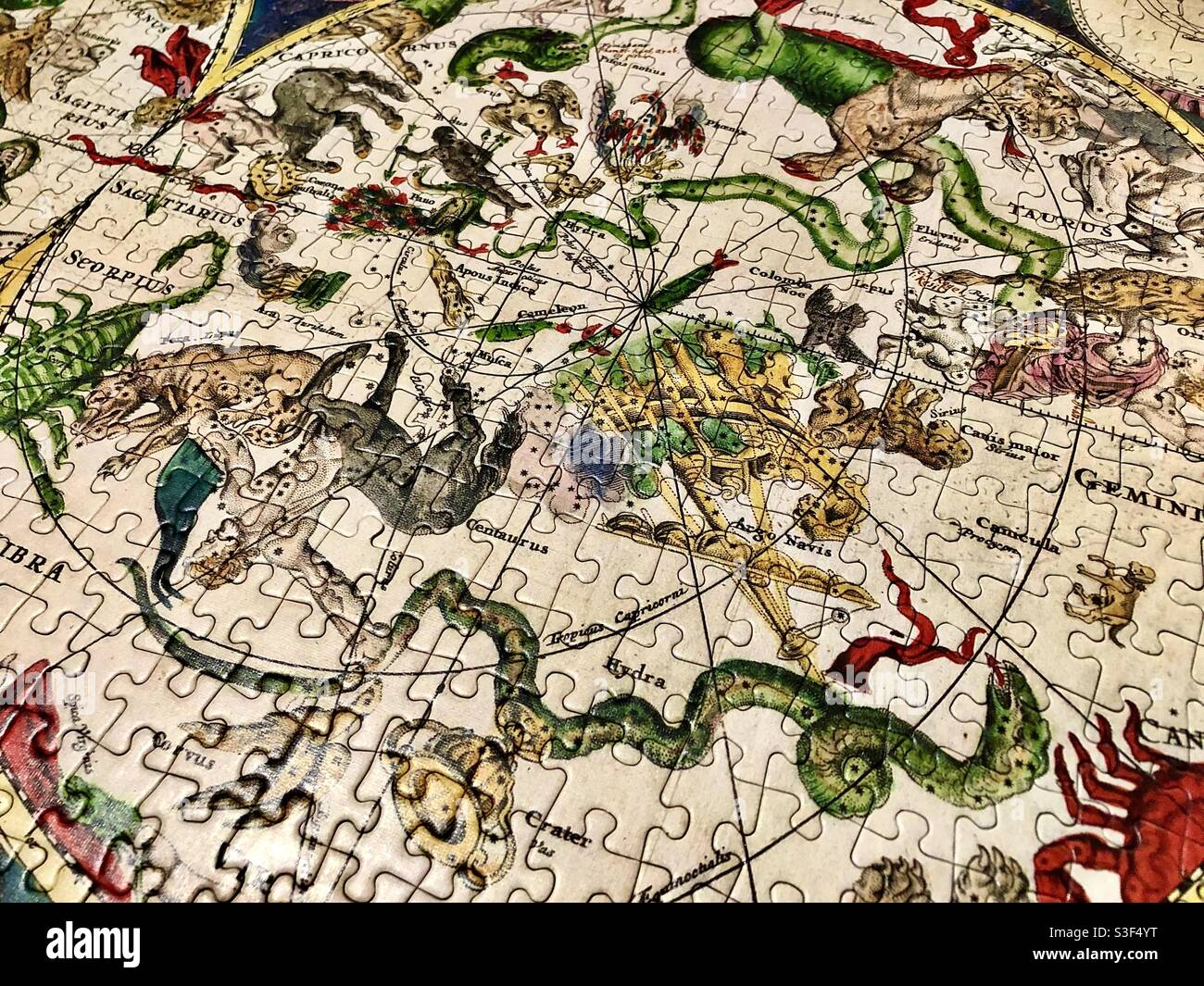 Detail des fertigen „Zodiac“-Stichsäge-Puzzles. Stockfoto
