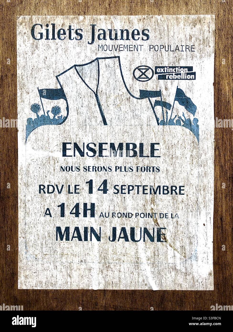 Flyer für ein Streiktreffen von Gilets Jaunes (Gelbwesten) in Frankreich. Stockfoto