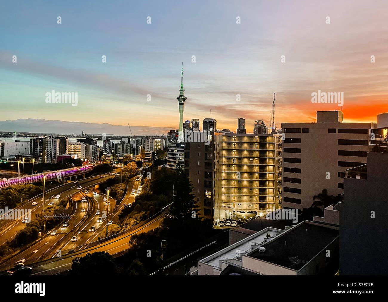 Auckland Neuseeland bei Sonnenuntergang Stockfoto