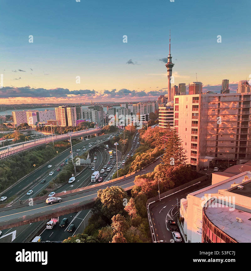Auckland Neuseeland bei Sonnenuntergang Stockfoto