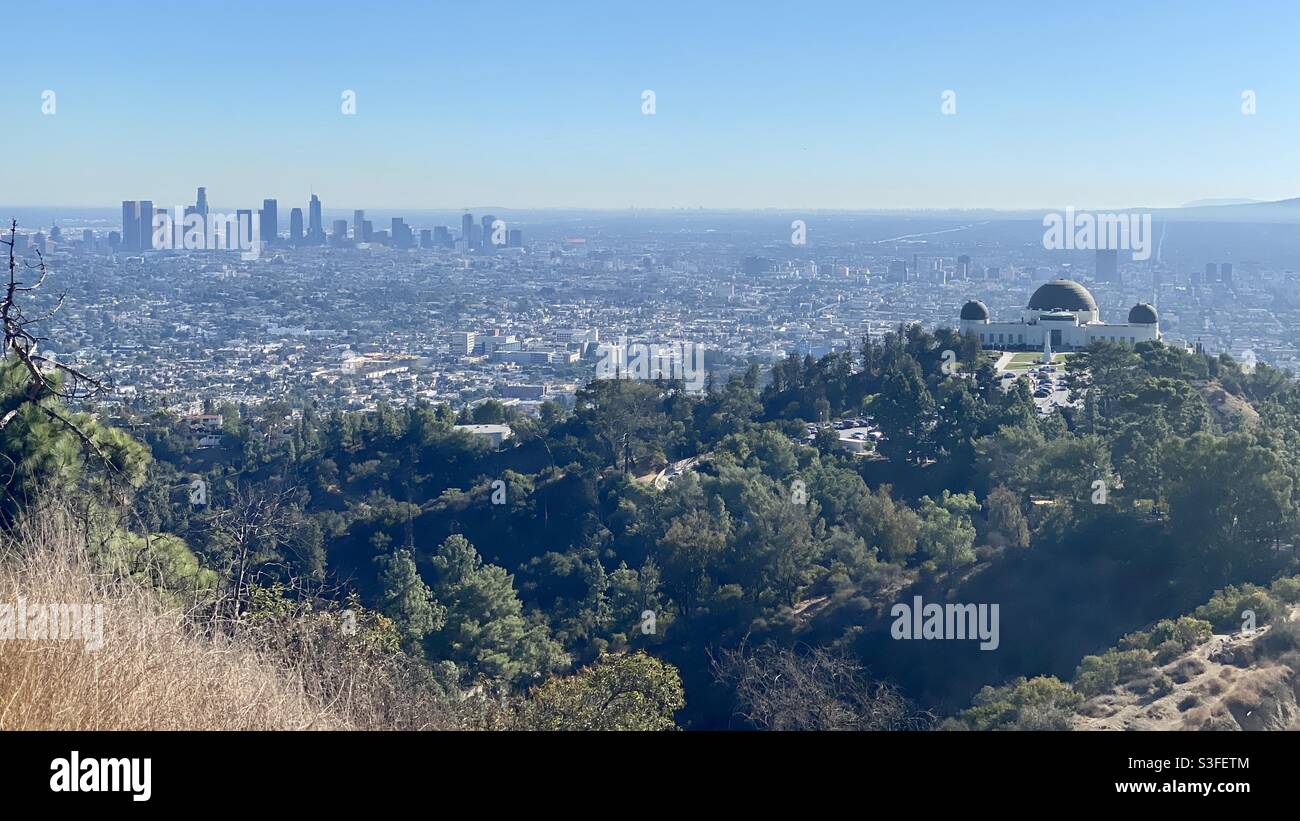 LOS ANGELES, CA, 2020. NOVEMBER: Skyline der Innenstadt mit dem Griffith Park Observatory auf einem Hügel im Vordergrund, mit Blick auf die Zersiedelung von LA County Stockfoto