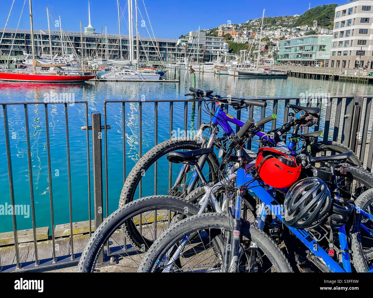 Fahrräder ruhen am Ufer in Wellington gegen einen Zaun Neuseeland Stockfoto