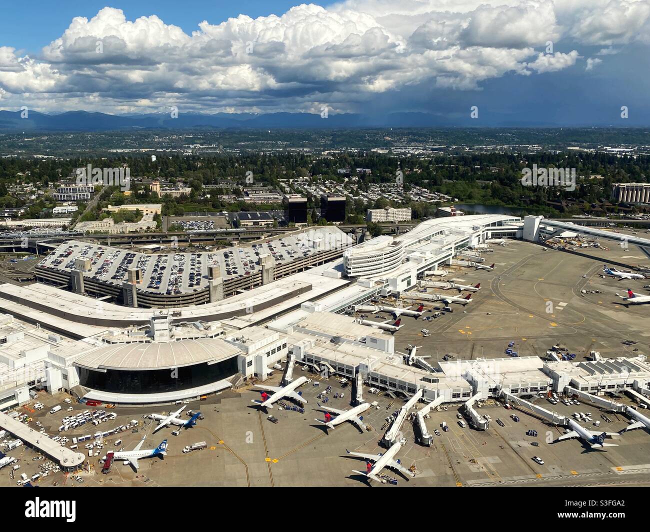 Seattle-Tacoma International Airport von oben gesehen. Stockfoto