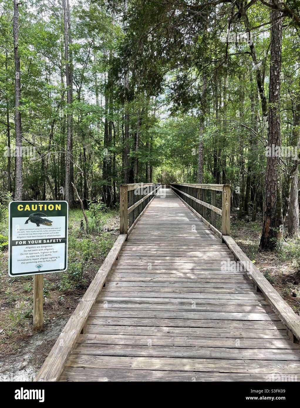 Warnschild für Alligatoren im Blackwater River State Park Florida Stockfoto