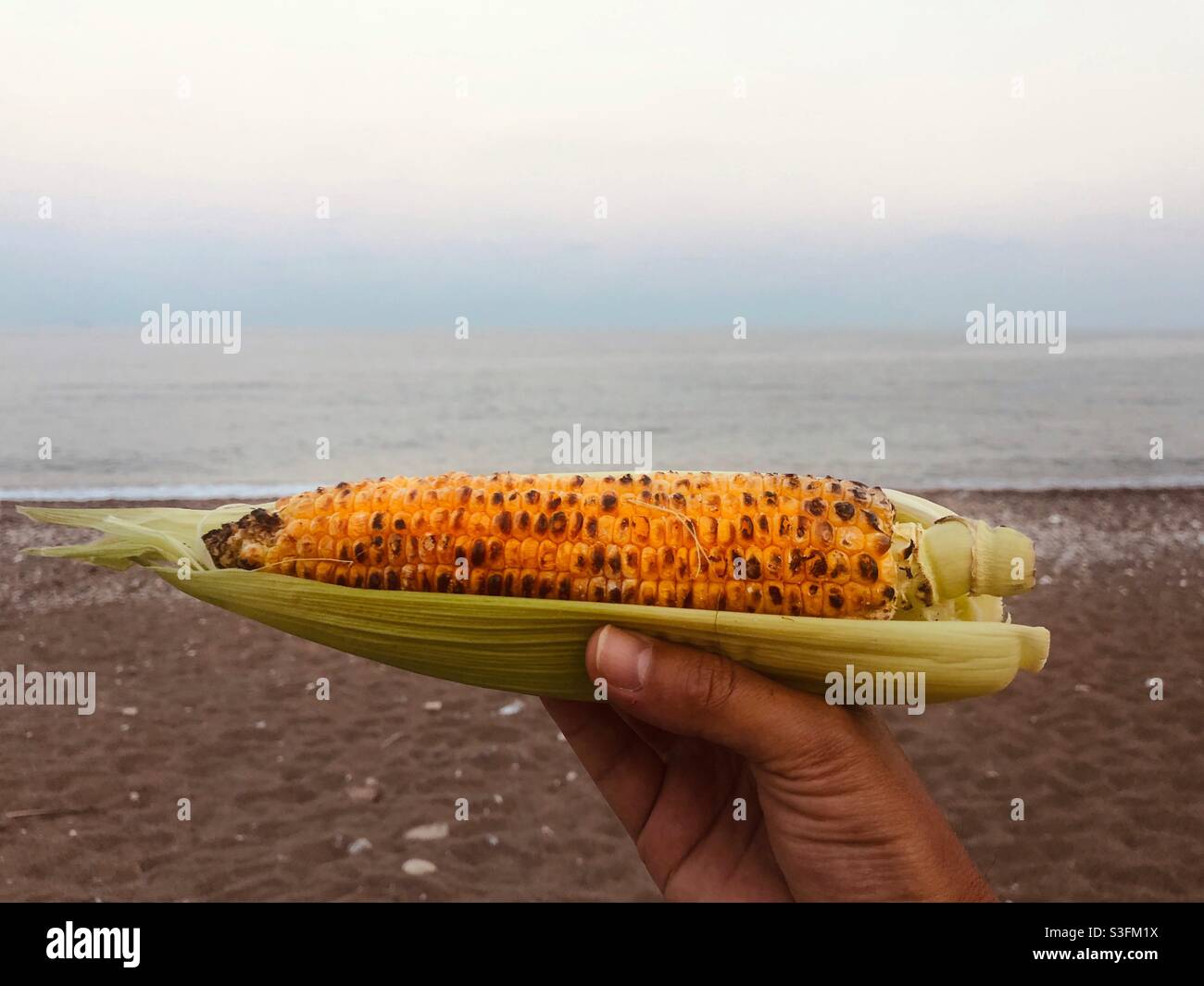 Person, die einen gegrillten Mais in der Hand am Meer hält - Smartphone-aufgenommenes Stockfoto