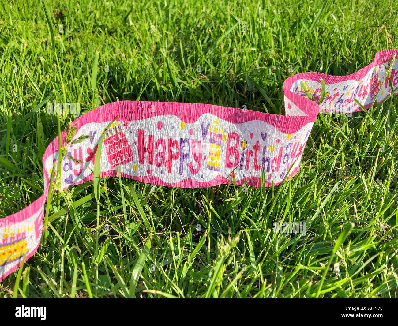 Ein knurriges Papier Happy Birthday Banner im grünen Gras. Stockfoto