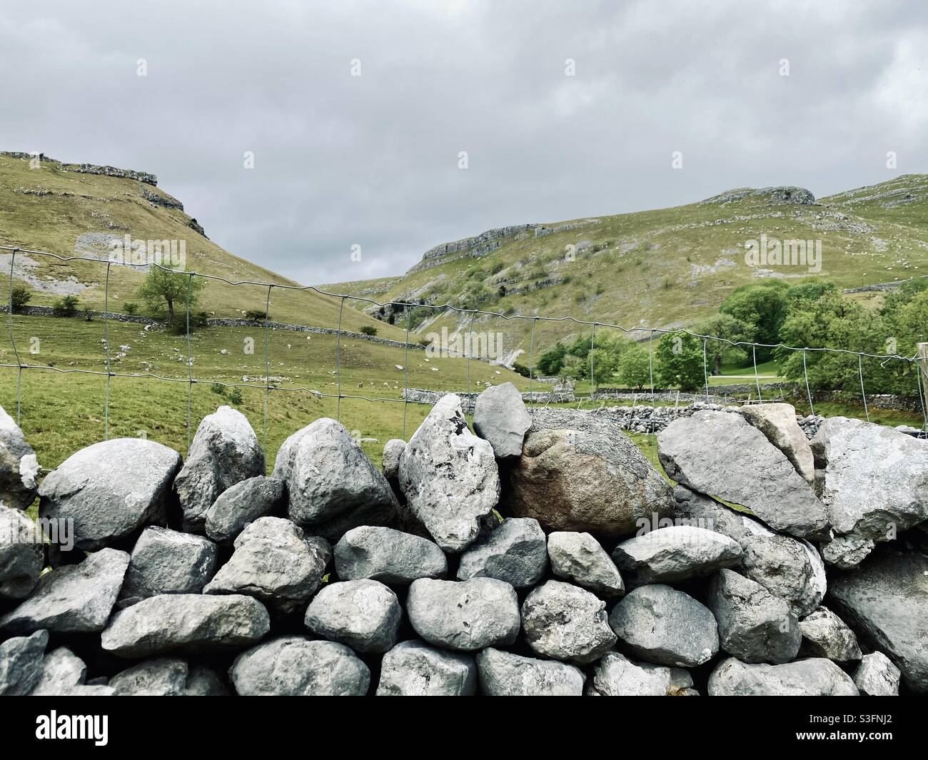 Malerische ländliche Landschaft mit dramatisch grauem Himmel in Malham, Yorkshire Dales National Park, Großbritannien. Sanfte Hügel und grüne Weiden mit Trockenmauern Stockfoto