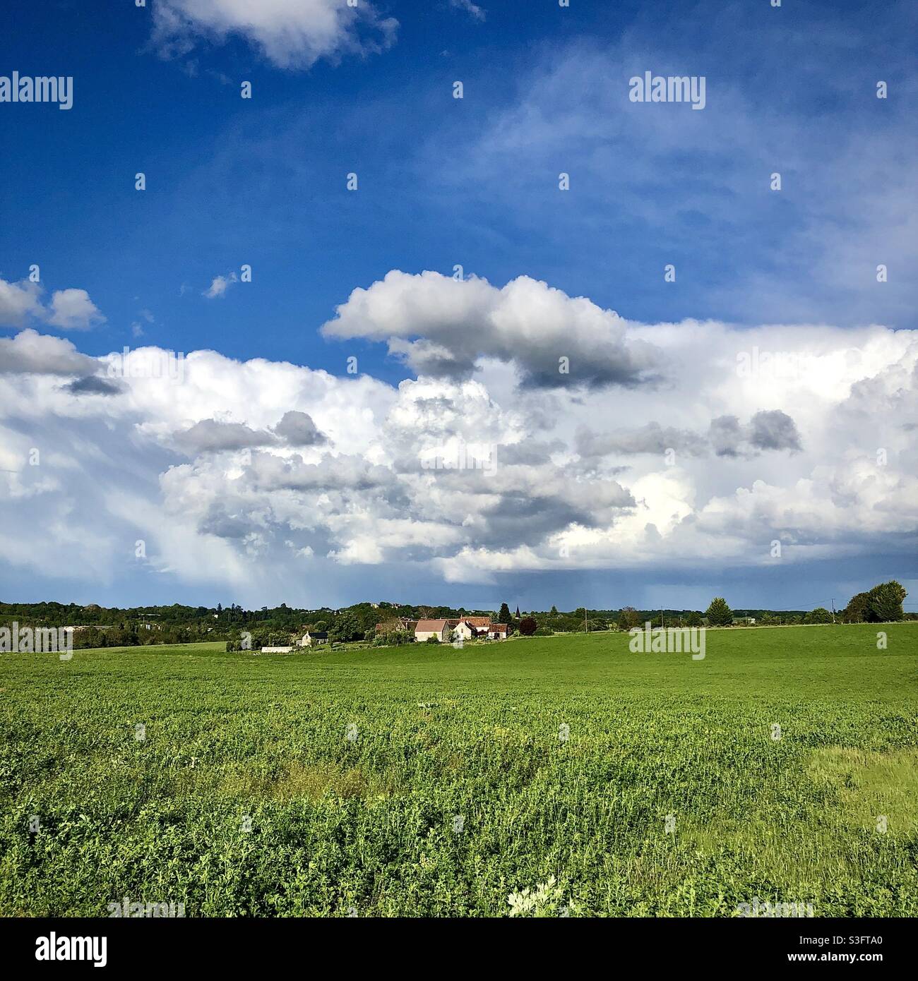 Sturmwolken über Touraine-Ackerland - Indre-et-Loire, Frankreich. - Smartphone-aufgenommenes Stockfoto