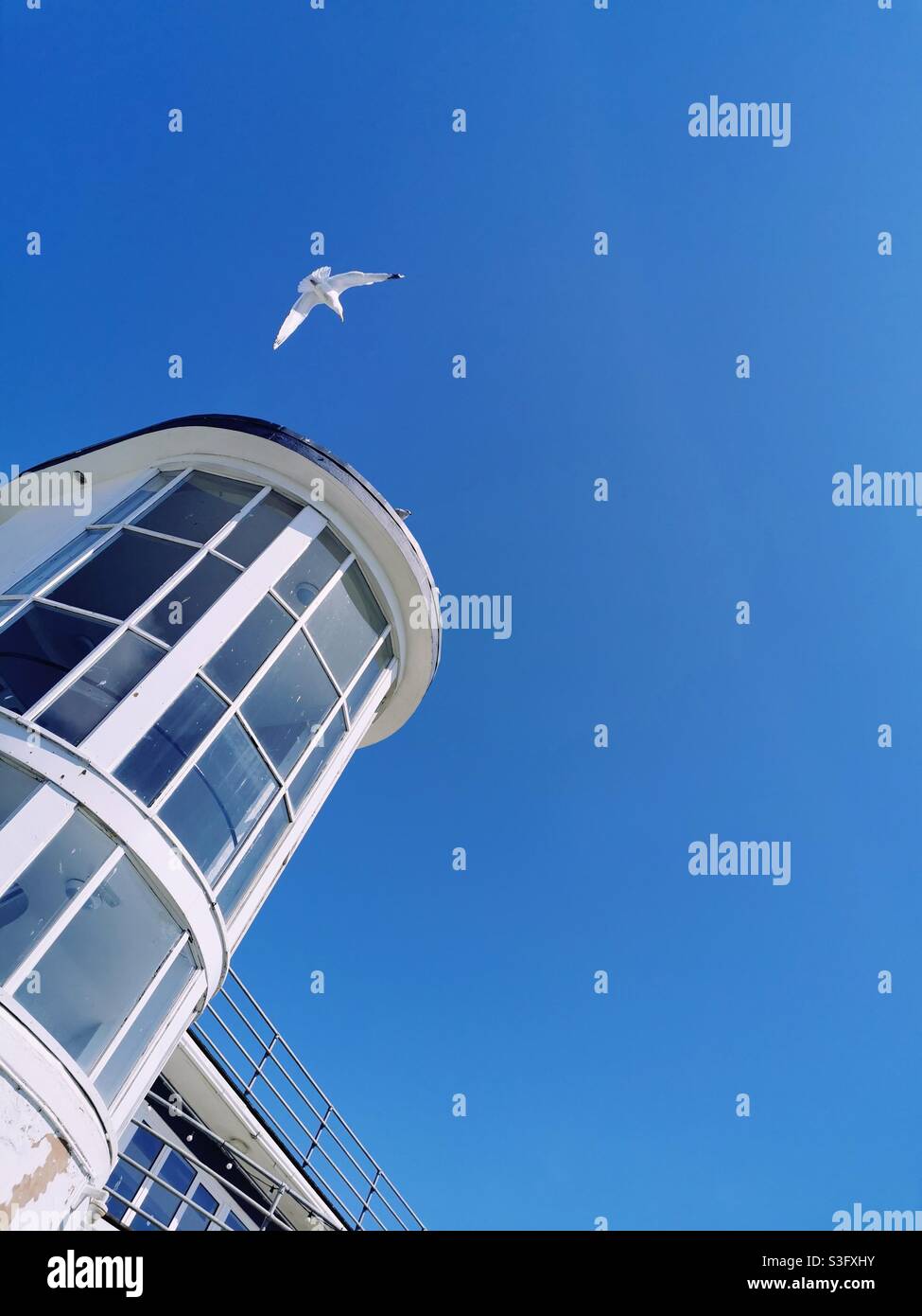 Weißer Turm und Möwe gegen blauen Himmel Stockfoto