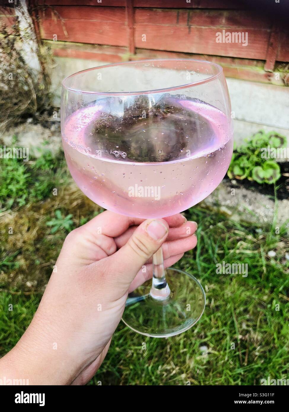 Pink Gin in Gin-Glas Stockfoto