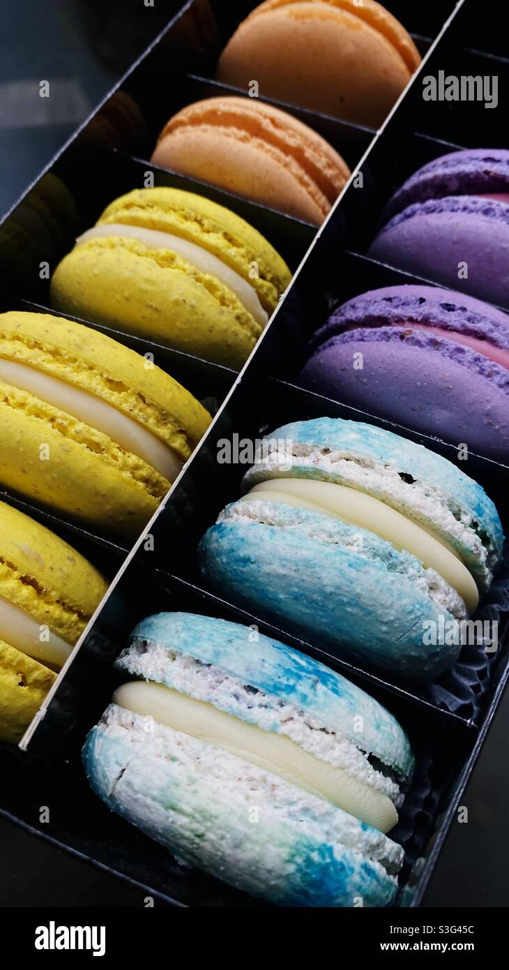 Das Leben ist wie eine Schachtel Makronen. Das Leben ist süß. Makronen um Mitternacht. Das Leben ist wie Macarons, es ist immer voller Farbe🌈🦋✨ Stockfoto