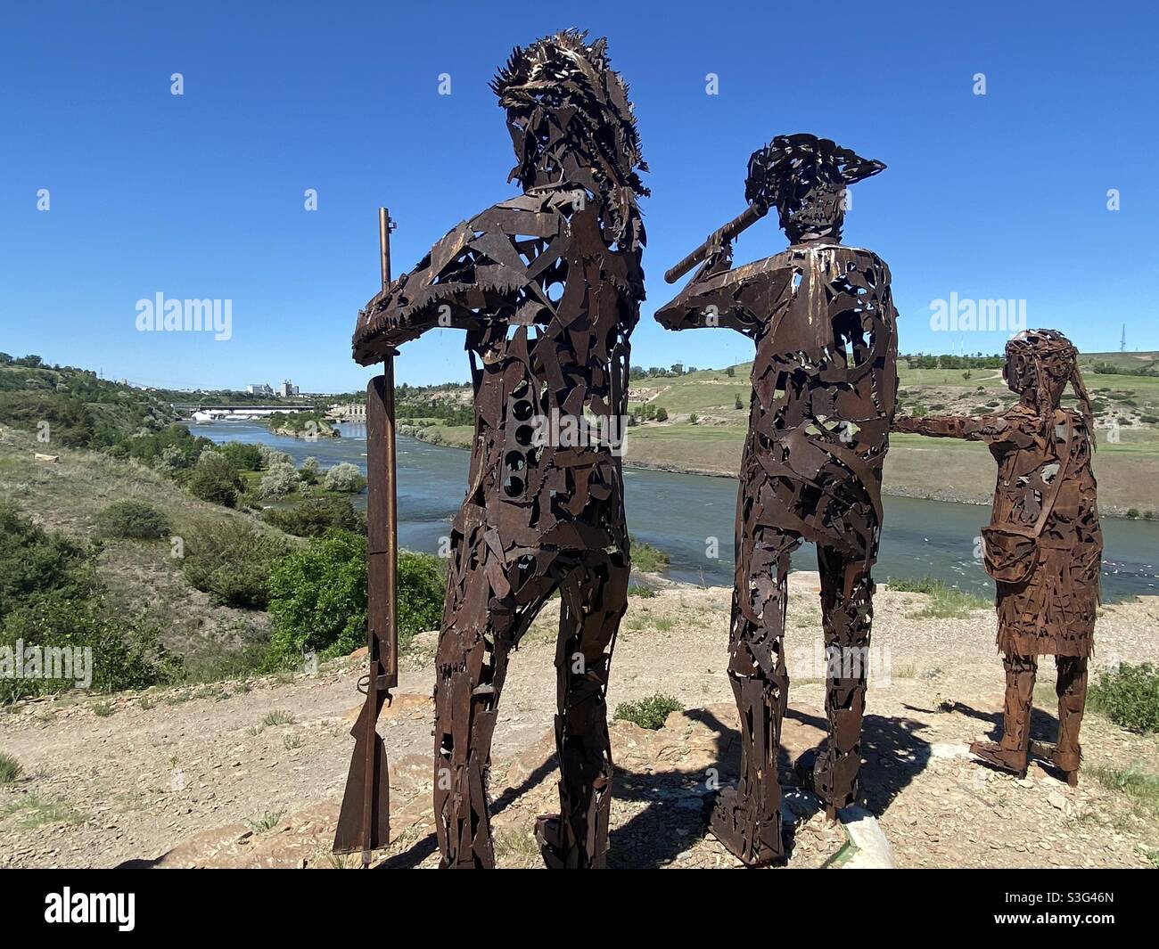 Statue, die die Lewis und Clark Expedition in den großen Fällen Montana darstellt Stockfoto