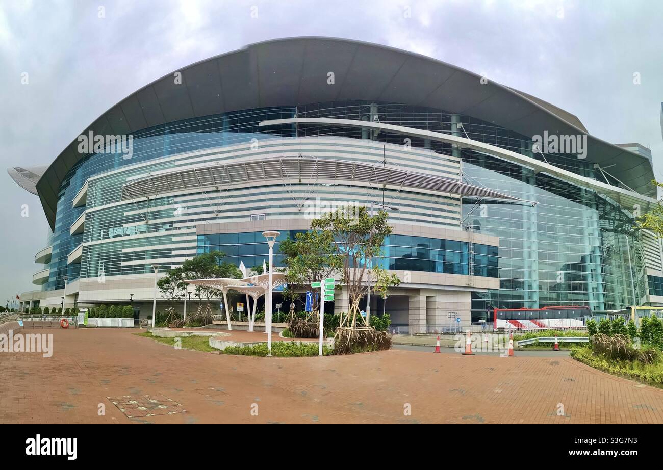 Das Wan Chai Convention Center in Hongkong. - Smartphone-aufgenommenes Stockfoto