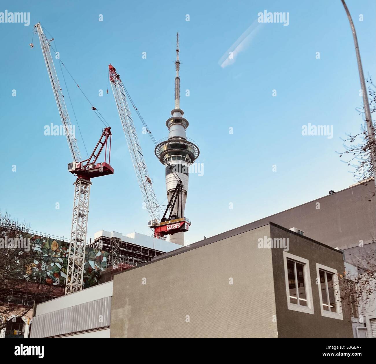 Skyline von Auckland mit Sky Tower und Baukräne Stockfoto