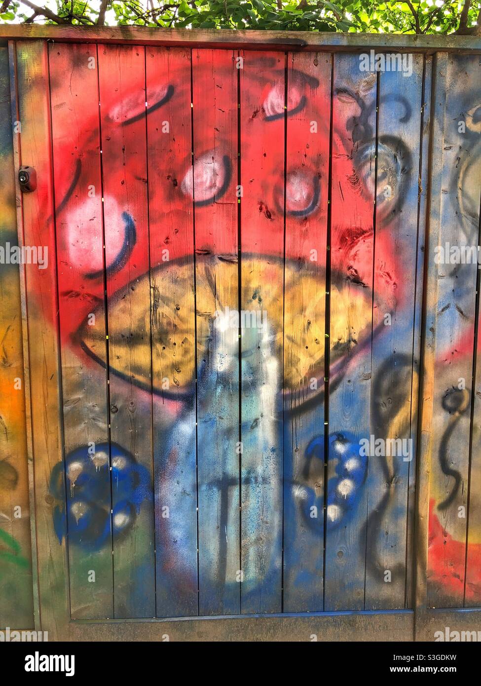 Bunte Stadtkunst auf einem Holzzaun gemalt. Stockfoto