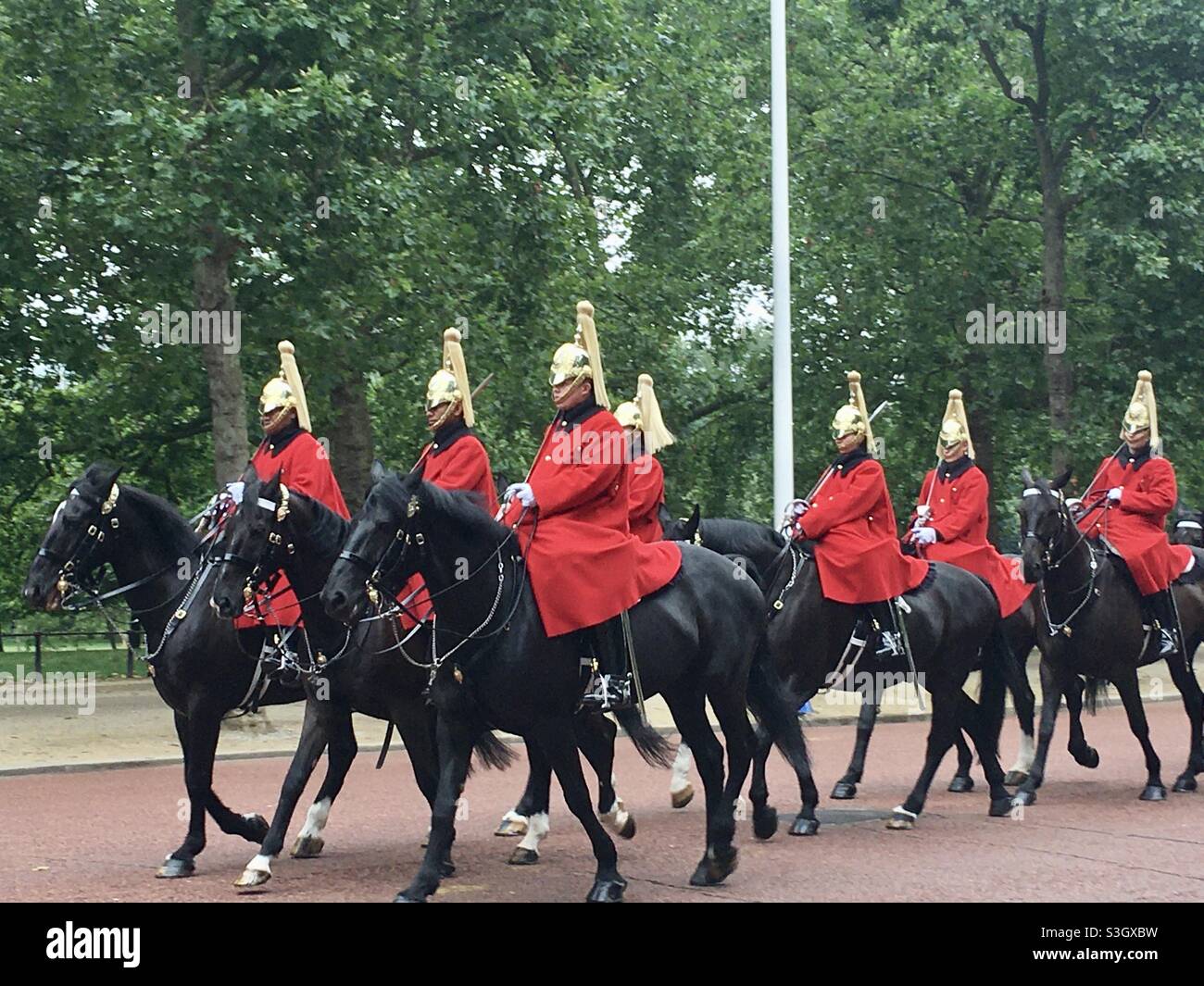 Household Cavalry, der die Mall in London heruntertrabelt Stockfoto