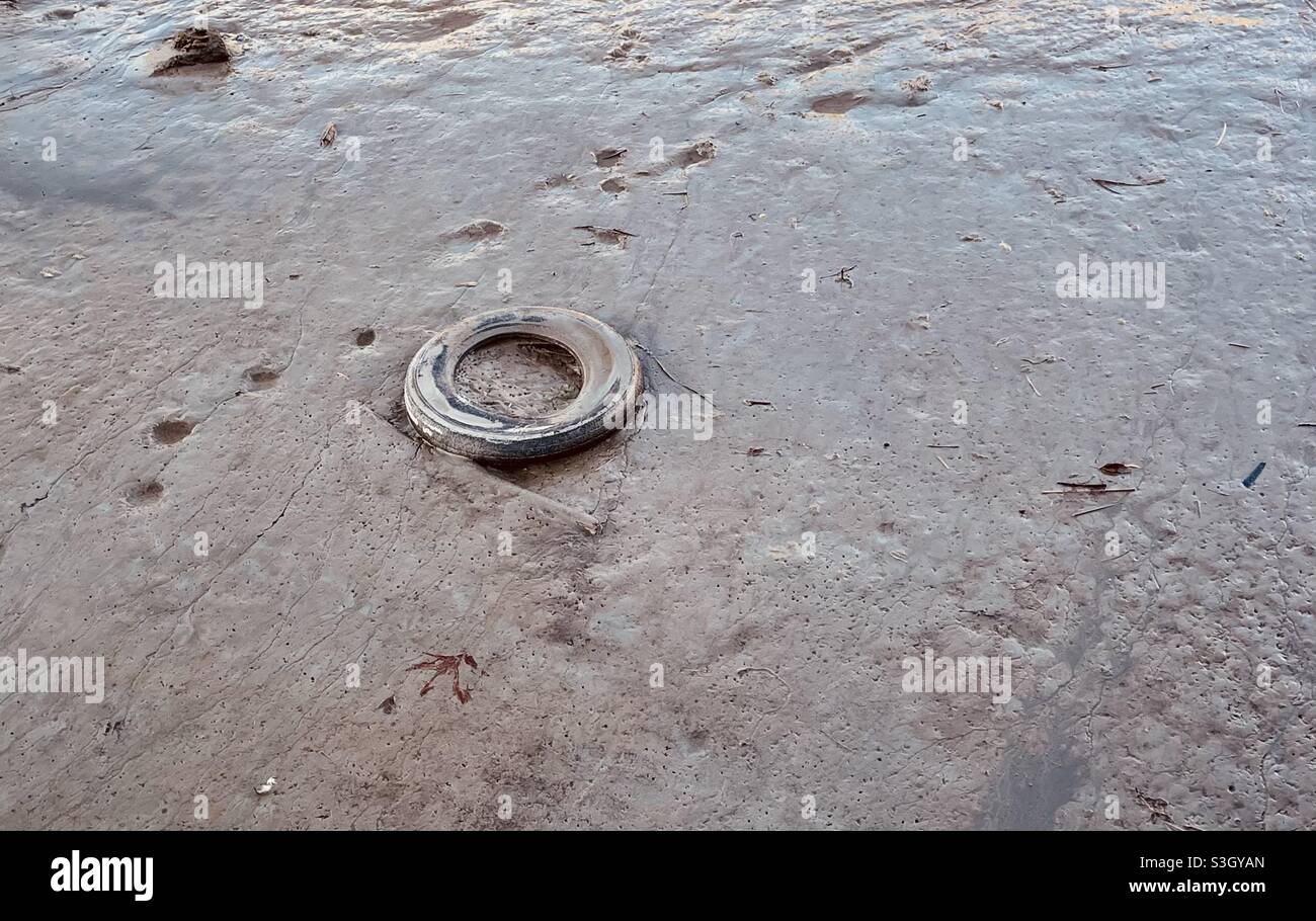 Ein weggeworfener Reifen im Schlamm am Rande des Whanganui-Flusses in Neuseeland Stockfoto
