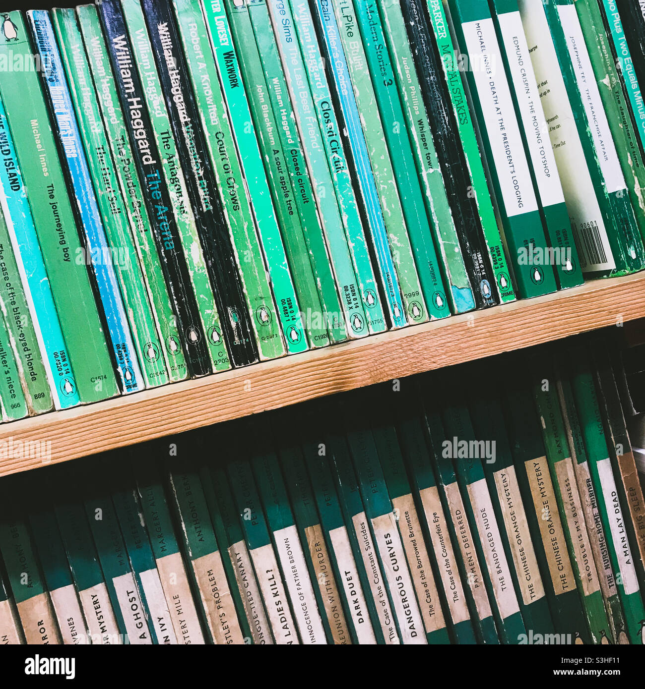 Pinguinbücher mit grüner Wirbelsäule in einem Second Hand Buchladen - Smartphone-aufgenommenes Stockfoto