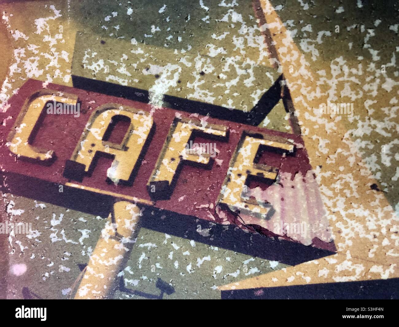 Café Schild Retro Dingbat Pfeil Richtung Polaroid Transfer Stockfoto