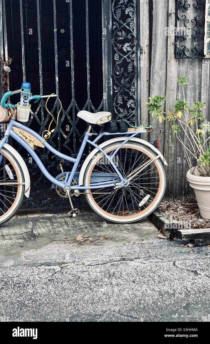 Blaues Fahrrad, das an einem Tor angelehnt ist Stockfoto