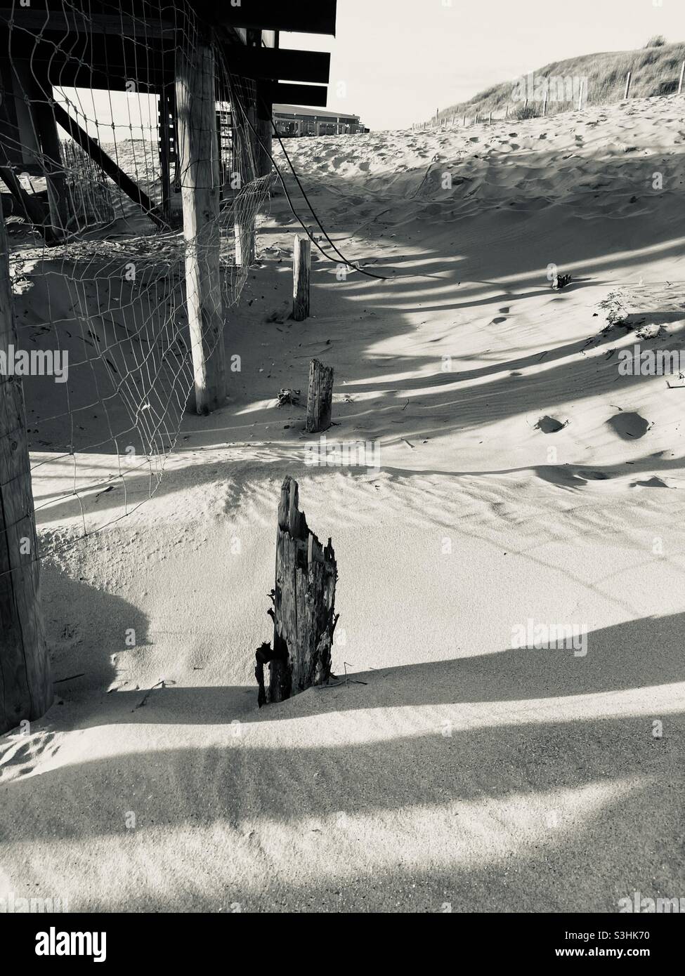 Am Strand stehen zerbrochene Holzstapel im Sand Stockfoto