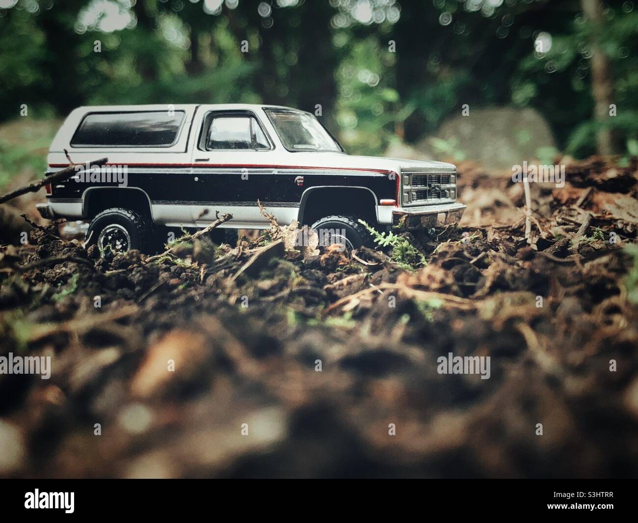 Ein Spielzeug-Lastwagen zwischen Schmutz und Trümmern auf einem Waldboden. Stockfoto