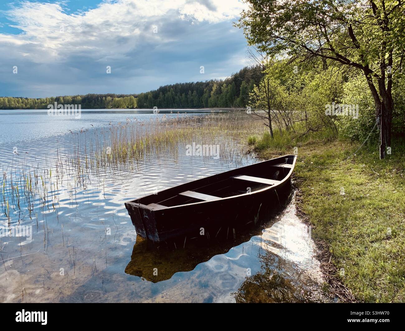 Altes Holzboot auf dem See im Sommer - Smartphone-aufgenommenes Stockfoto