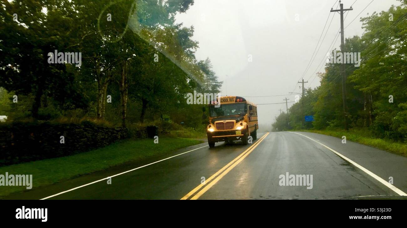 Ein Schulbus bei Regen und Nebel, Halifax, Nova Scotia, Kanada. Standard-Allwettertransport für junge Schulkinder. Tägliche und besondere Veranstaltungen. Stockfoto