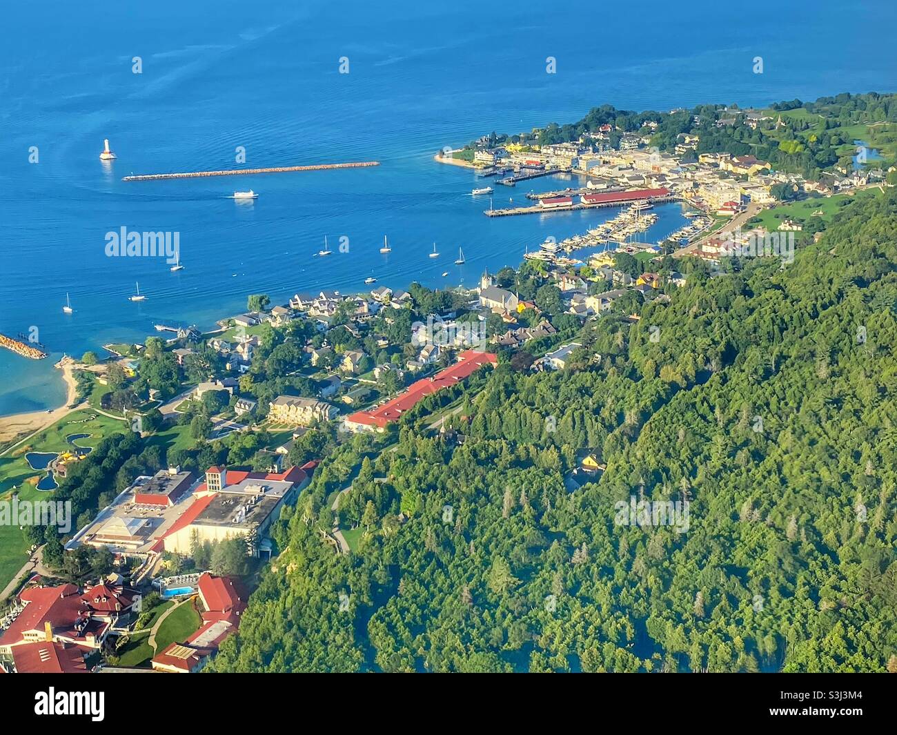 Mackinac Island aus der Luft - Smartphone-aufgenommenes Stockfoto