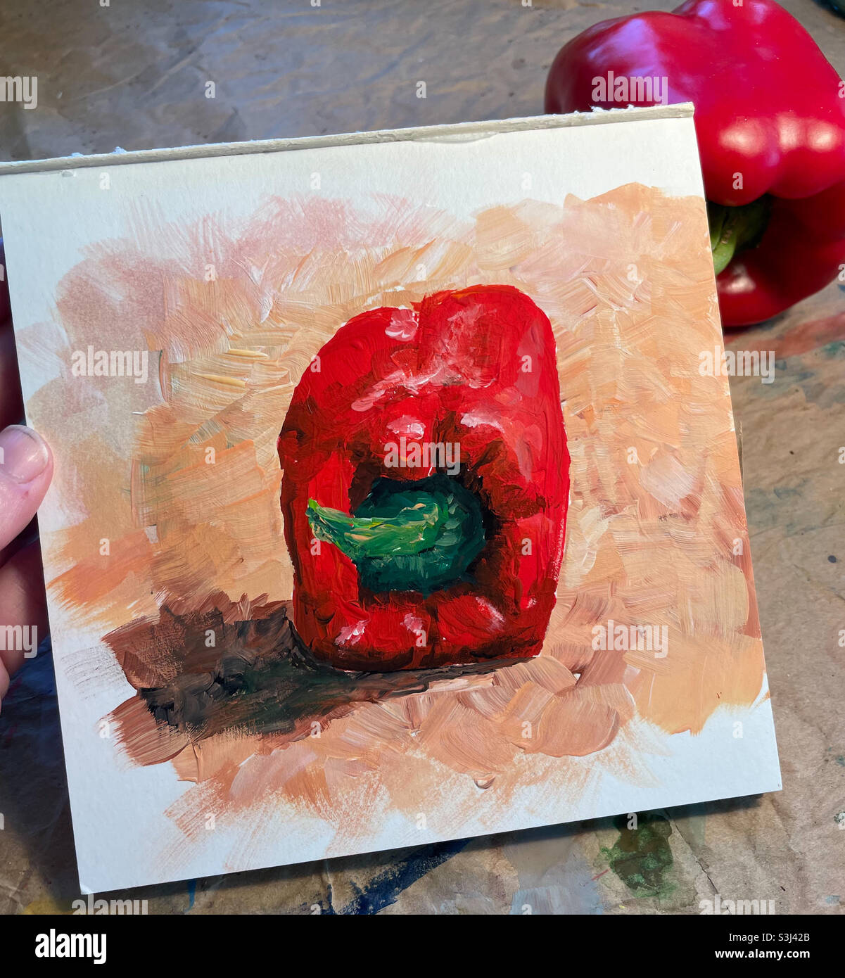 Gouache-Gemälde eines roten Pfeffers. Stockfoto